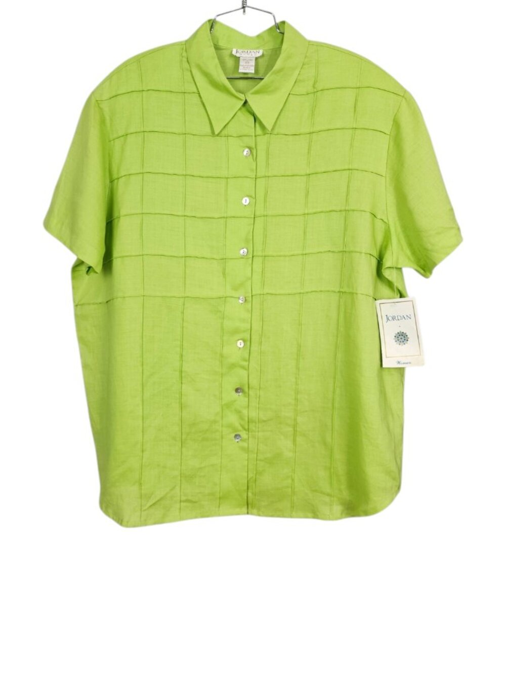 Vintage Jordan NWT Lime Green Linen Y2K Pintuck Short Sleeve Blouse Boho Top 20W